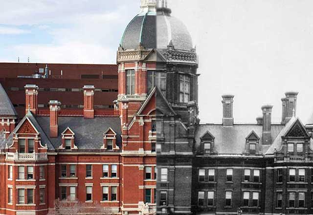 Photo of The Johns Hopkins Hospital from 1889 and present day, side-by-side.